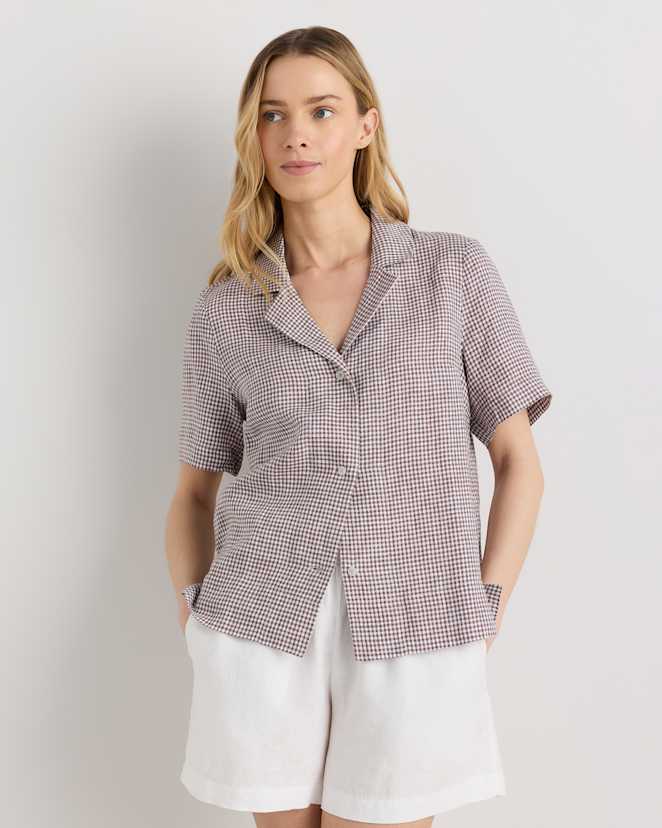 Taupe Brown Gingham 100% European Linen Short Sleeve Shirt