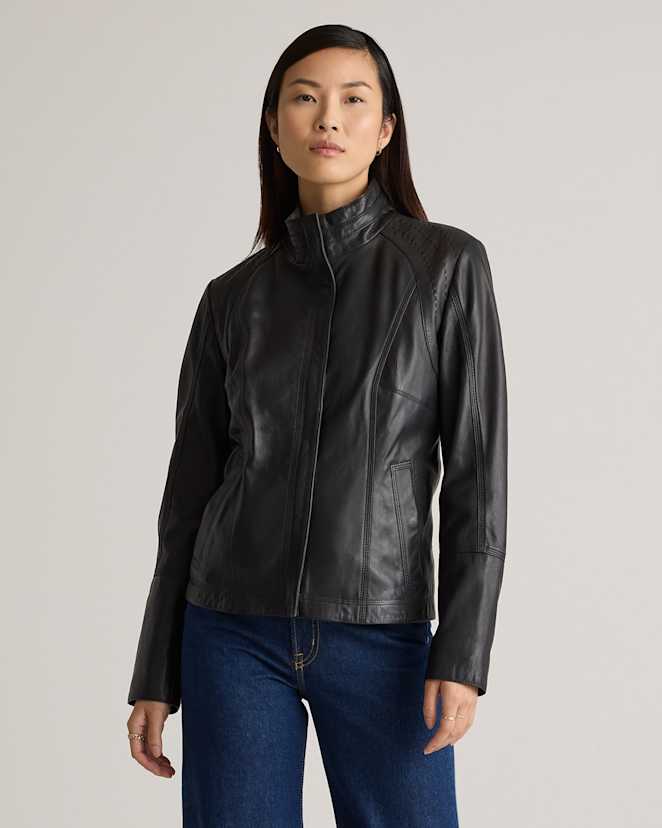 Black 100% Leather Stand-Collar Jacket
