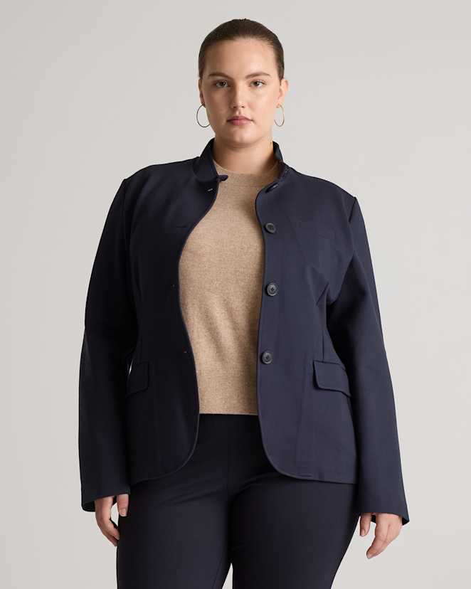 Navy Ultra-Stretch Ponte Stand Collar Blazer