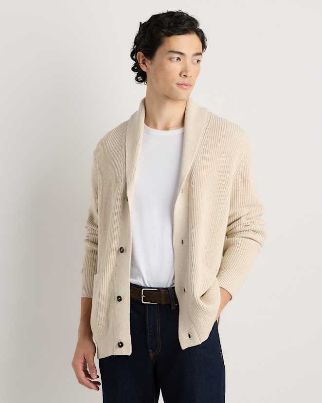 Speckled Beige 100% Organic Cotton Ribbed Shawl-Collar Cardigan Sweater
