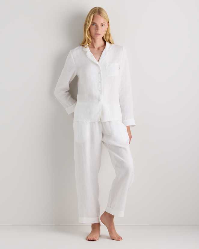 White 100% European Linen Long Sleeve Pajama Set with Piping