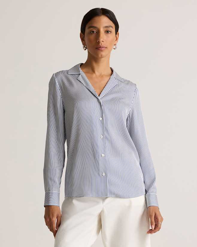 Evie Stripe Washable Stretch Silk Notch Collar Blouse