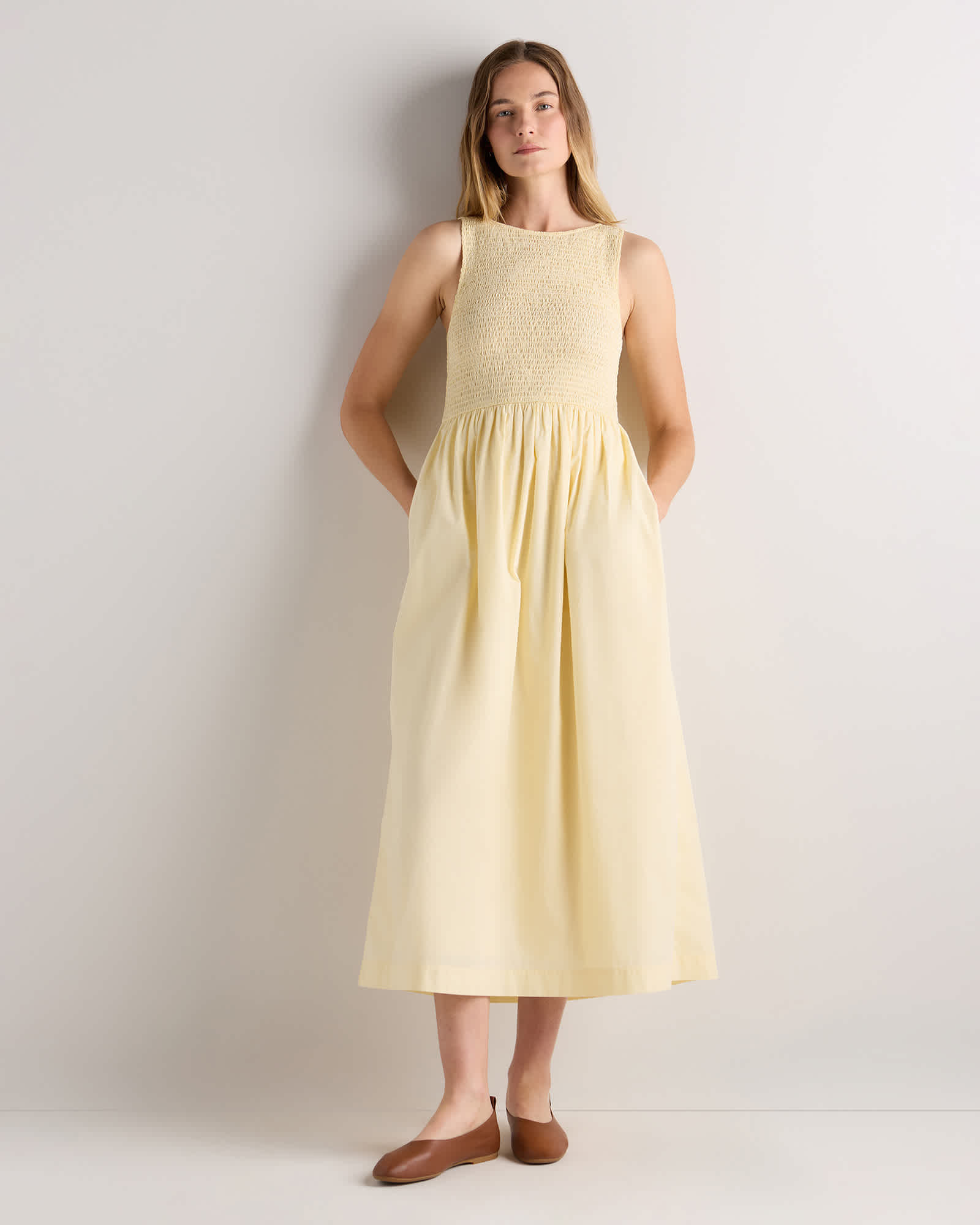 Pale Custard Yellow 100% Organic Cotton Poplin Boat Neck Maxi Dress