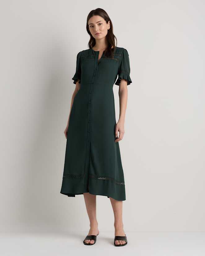 Forest Green Lightweight Crepe Lace Inset Midi Dress