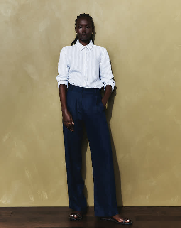 Deep Navy 100% European Linen Pleated Trouser