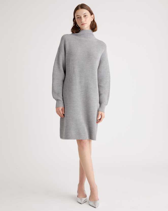 Light Heather Grey Australian Merino Wool Relaxed Turtleneck Sweater Dress