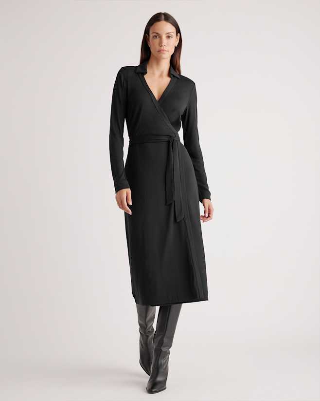 Black 100% Silk Jersey Midi Wrap Dress