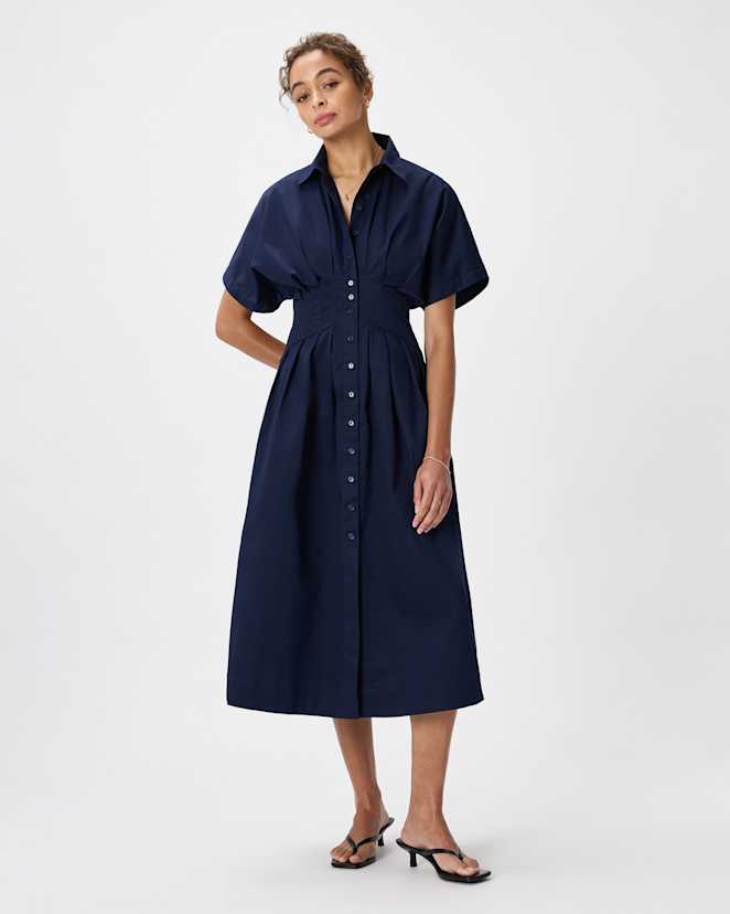 Deep Navy Stretch Twill Pleated Midi Shirt Dress