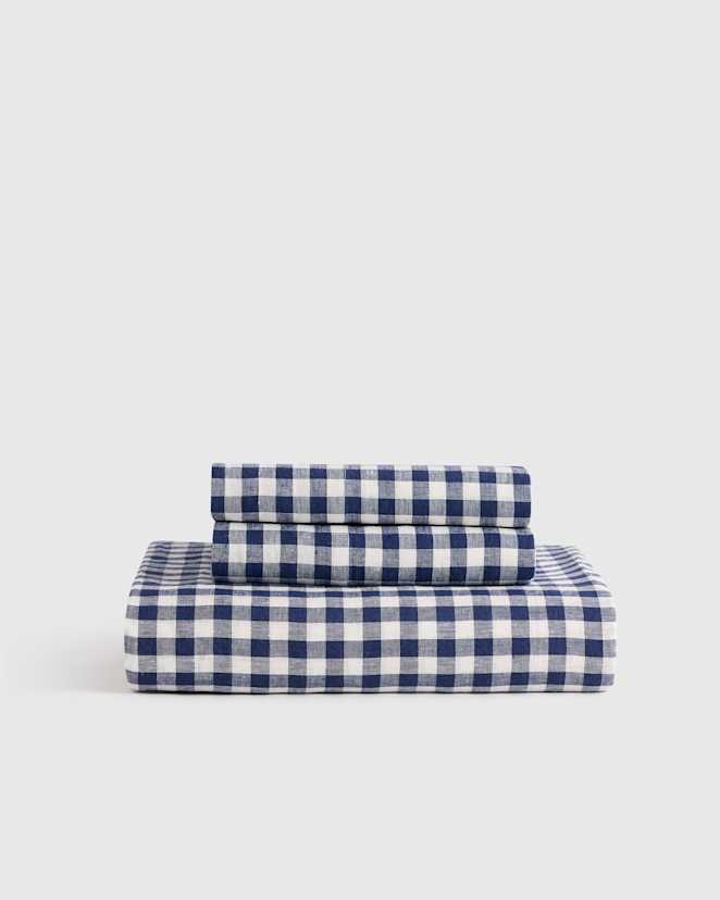 Navy Gingham European Linen Fitted Sheet Set