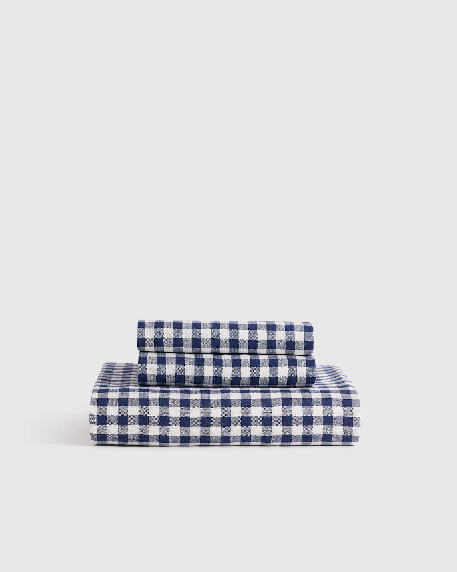 navy European Linen Gingham Fitted Sheet Set