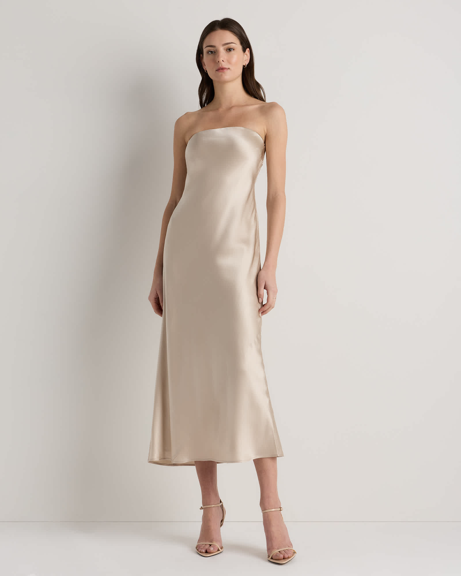 Champagne 100% Washable Silk Strapless Midi Dress