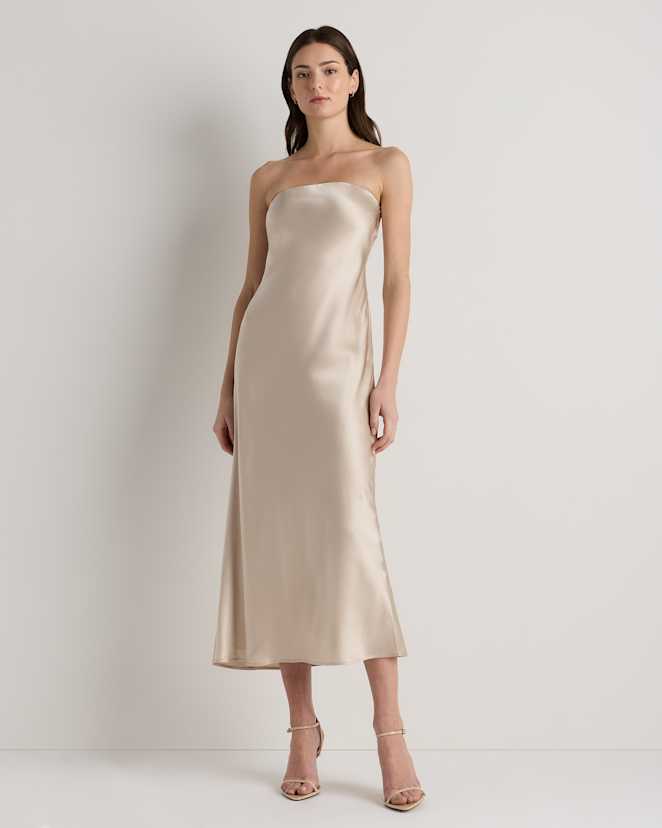 Champagne 100% Washable Silk Strapless Midi Dress