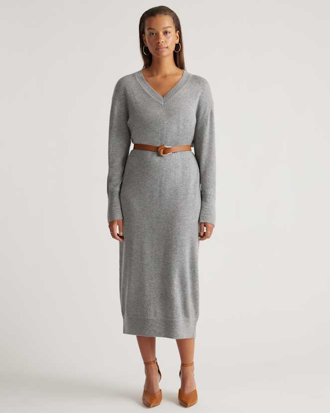 Heather Grey Mongolian Cashmere V-Neck Midi Sweater Dress