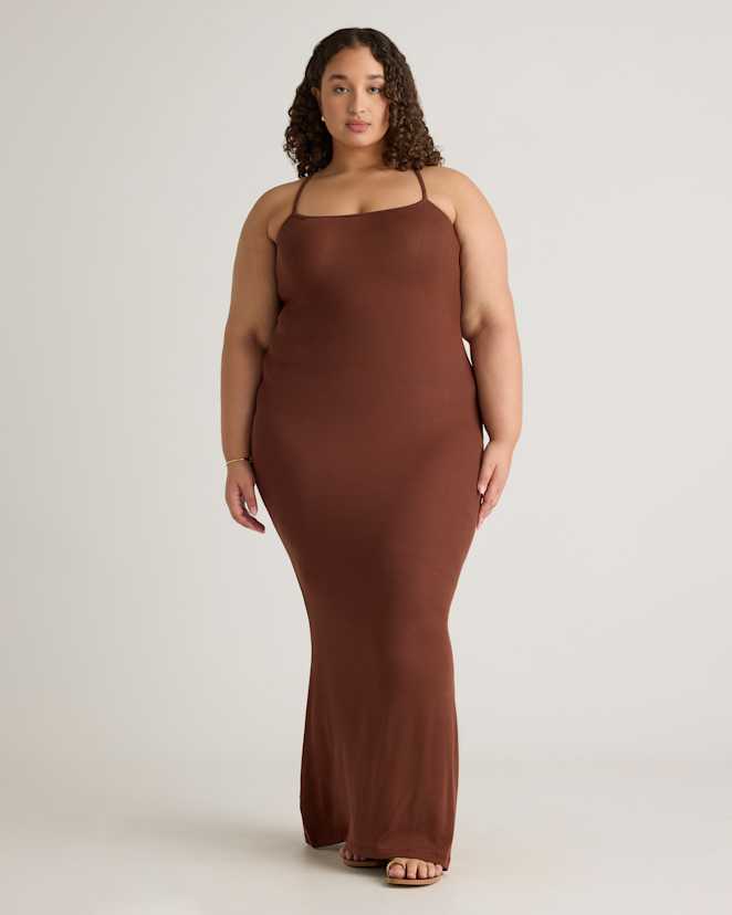 Brown Tencel Rib Knit Maxi Slip Dress