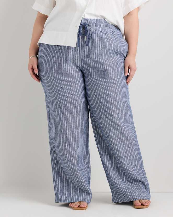 Chambray Stripe 100% European Linen Wide Leg Pants