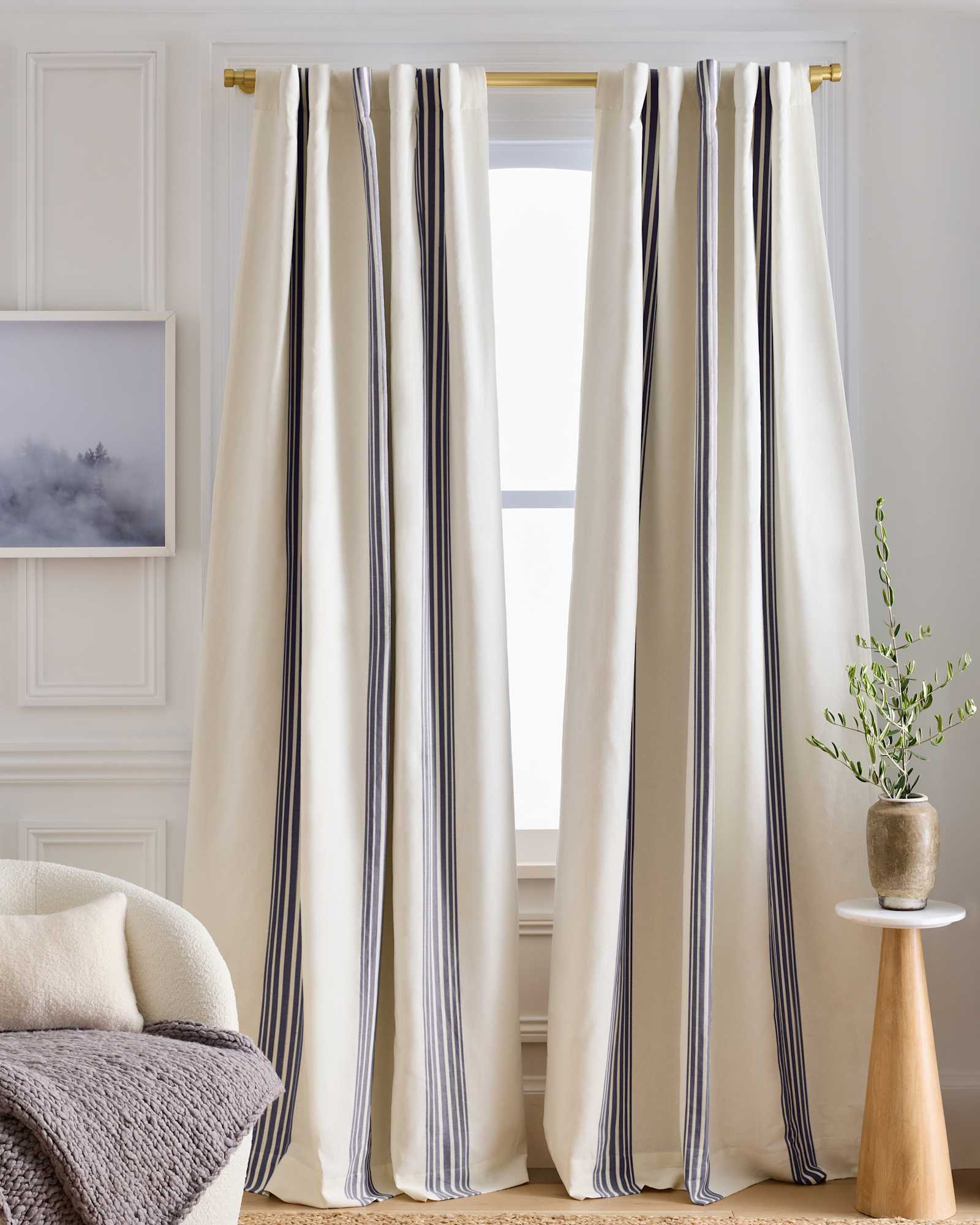 ivory/navy Coastal Stripe Linen Cotton Room Darkening Curtain - Single Panel
