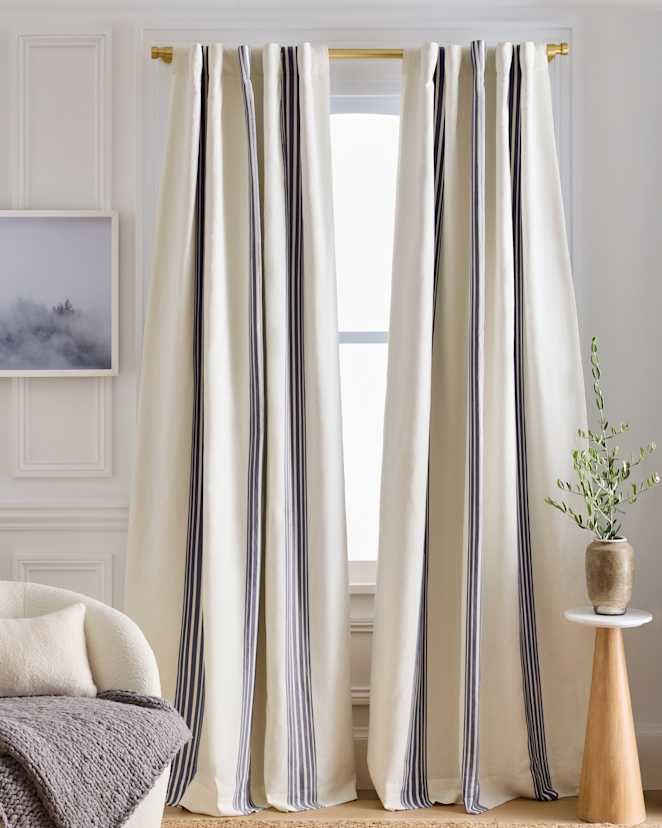 Ivory/Navy Coastal Stripe Linen Cotton Room Darkening Curtain