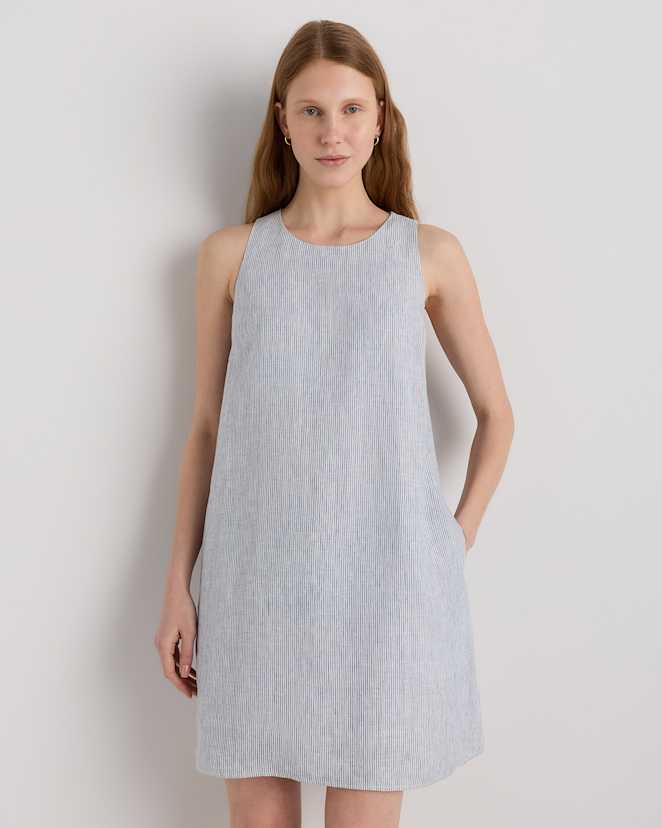 Blue Pinstripe 100% European Linen Tank Mini Dress