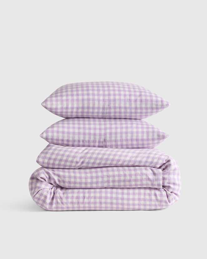Lavender European Linen Gingham Duvet Cover Set