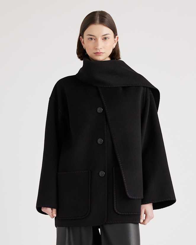 Black Double-Faced Merino Wool Scarf Coat