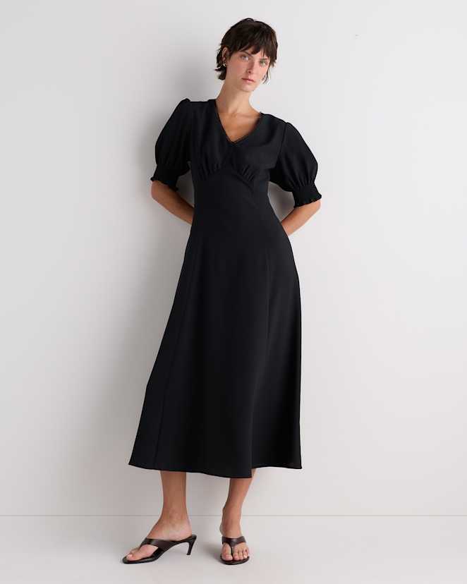True Black Matte Crepe Puff Sleeve Midi Dress