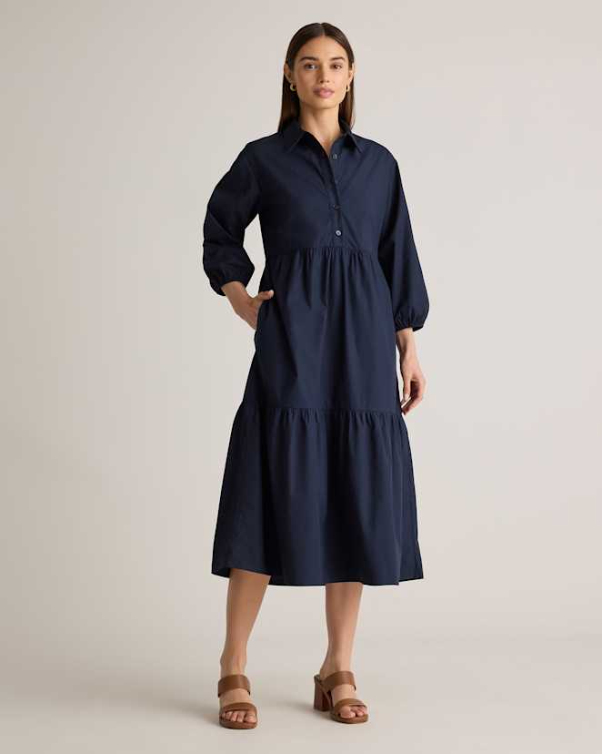 Navy 100% Organic Cotton Poplin Midi Tunic Dress