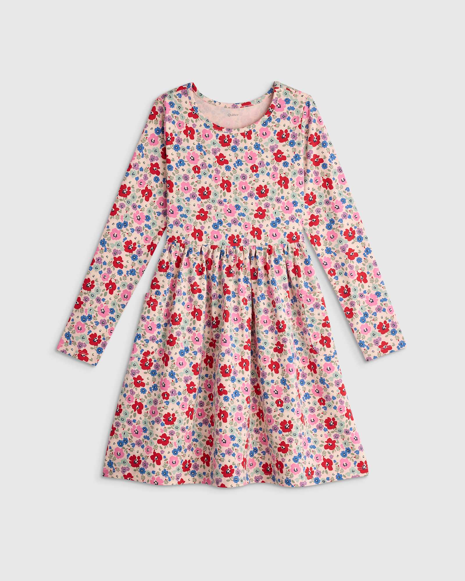 Red Poppy Floral Organic Cotton Long Sleeve Fit and Flare Pocket Dress