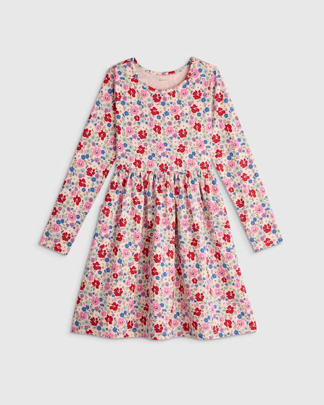 Red Poppy Floral Organic Cotton Long Sleeve Fit and Flare Pocket Dress