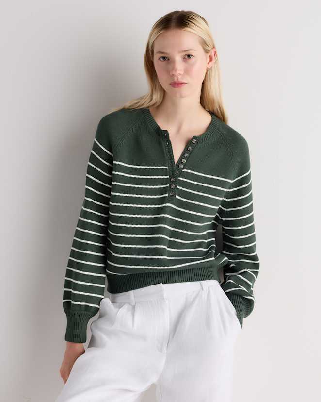 Big Sur Green / Ivory Stripe 100% Organic Cotton Striped Henley Sweater