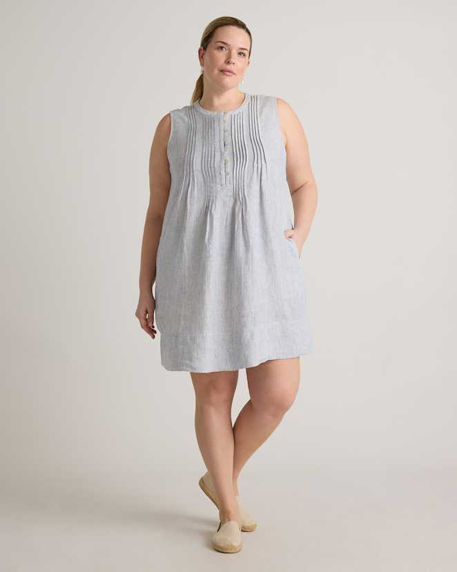 Blue Pinstripe 100% European Linen Sleeveless Swing Dress