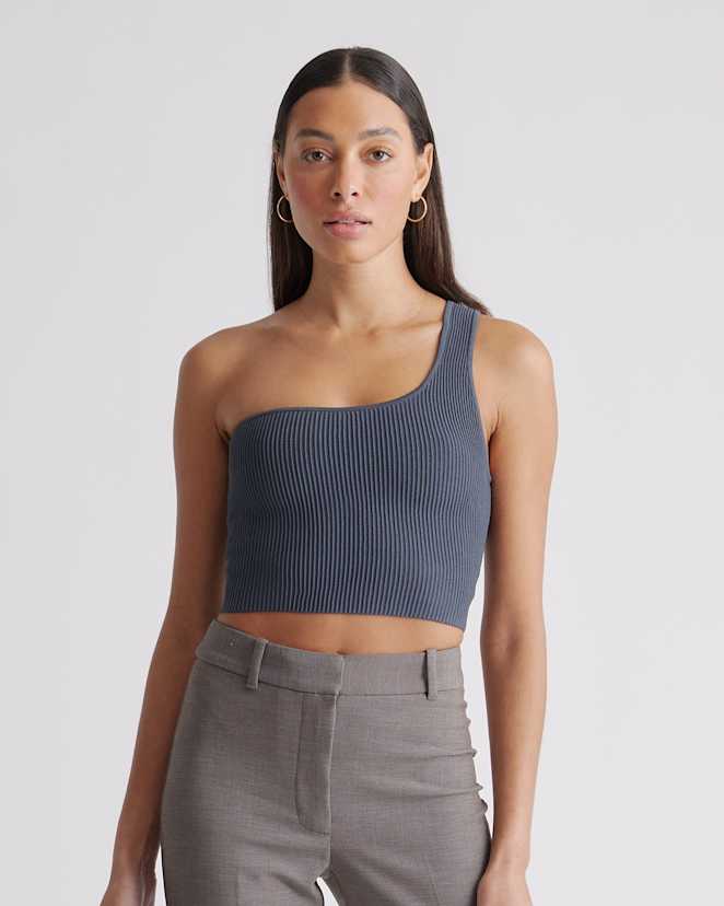 Grey Cropped One Shoulder Ribbed Knit Tank