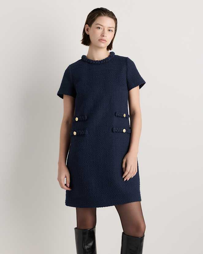 Deep Navy Tweed Short Sleeve Mini Dress