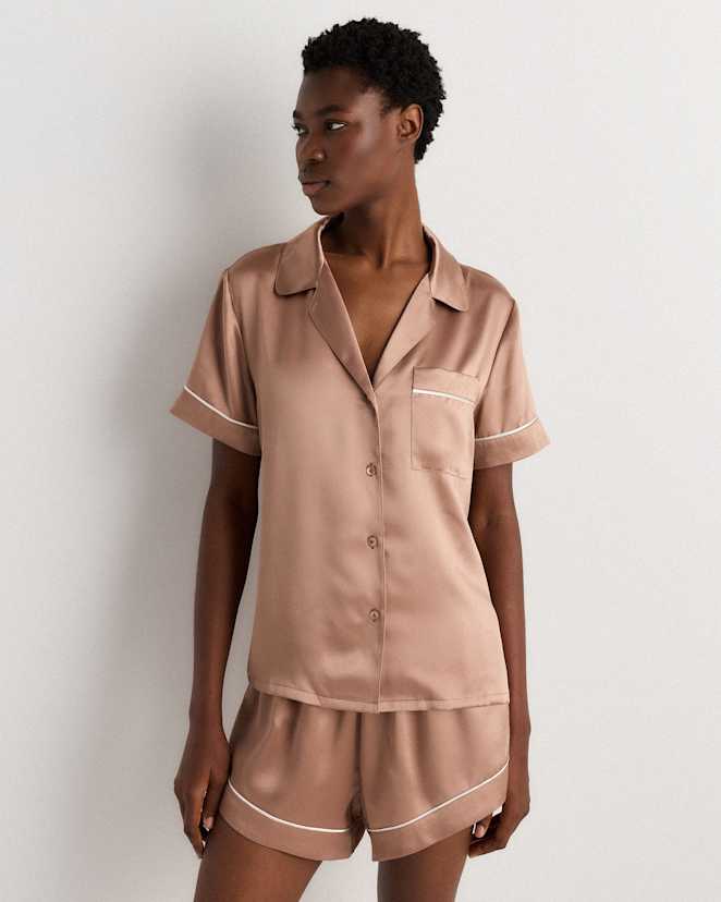 Toasted Almond 100% Washable Silk Satin Short Sleeve Pajama Top
