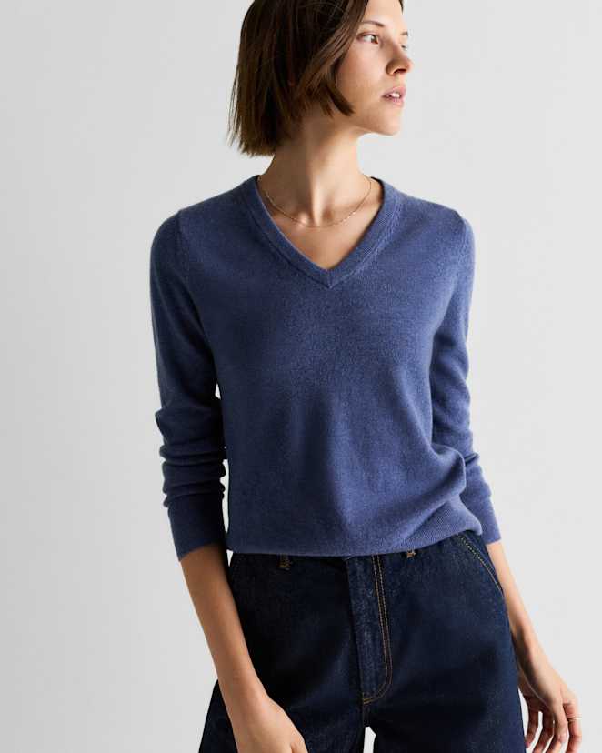 Heather Storm Blue Mongolian Cashmere V-Neck Sweater