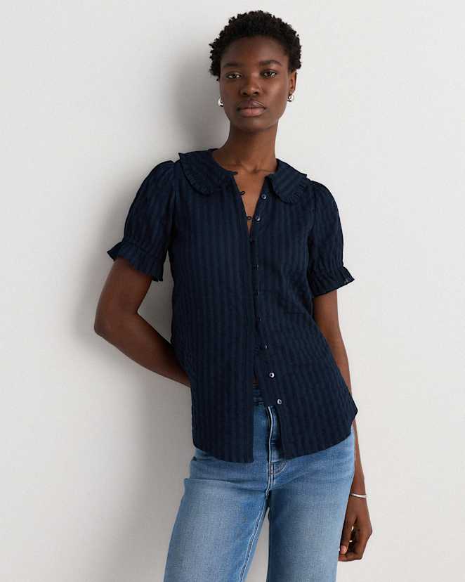 Solid Navy Embroidered Cotton Ruffle Collar Short Sleeve Blouse