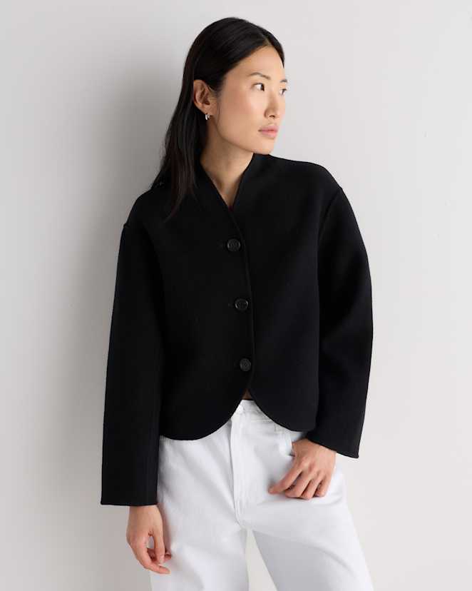 Black Double-Faced Merino Wool Collarless Cropped Jacket