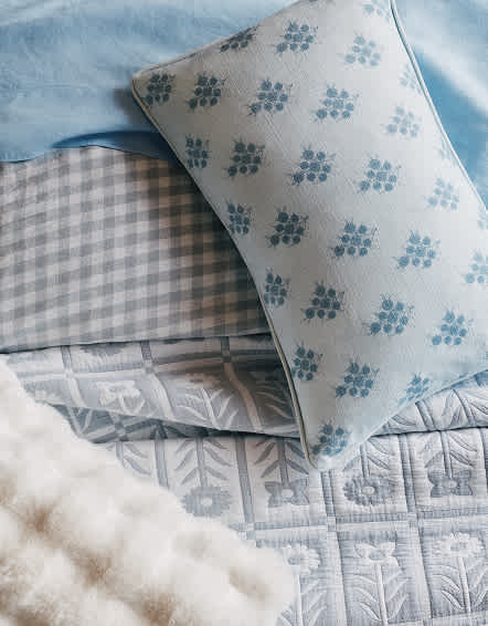 Light Blue Piped Block Print Cotton Pillow Cover