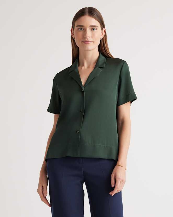 Forest Green Washable Stretch Silk Short Sleeve Notch Collar Blouse