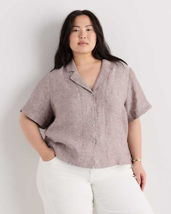 Taupe Brown Chambray 100% European Linen Short Sleeve Shirt