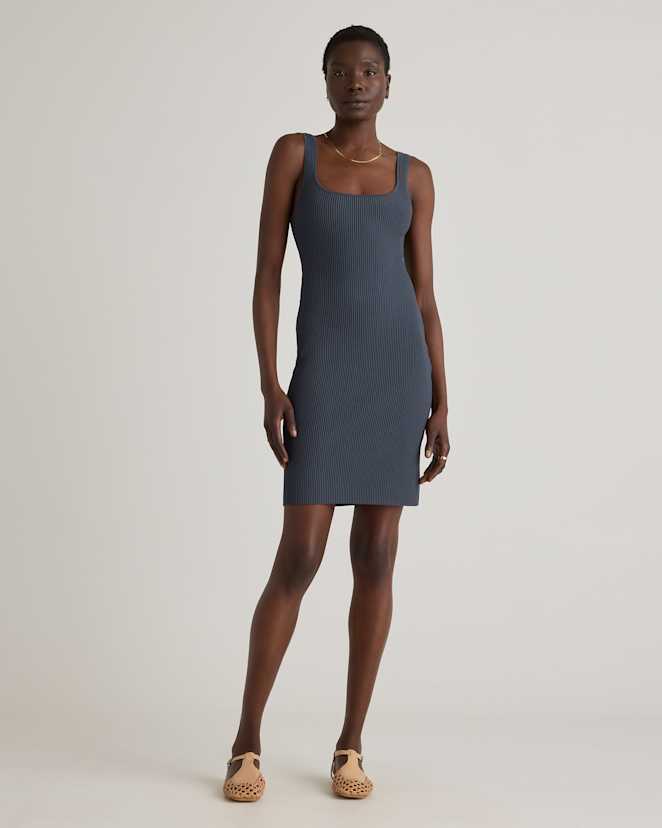Grey Square Neck Ribbed Knit Mini Dress