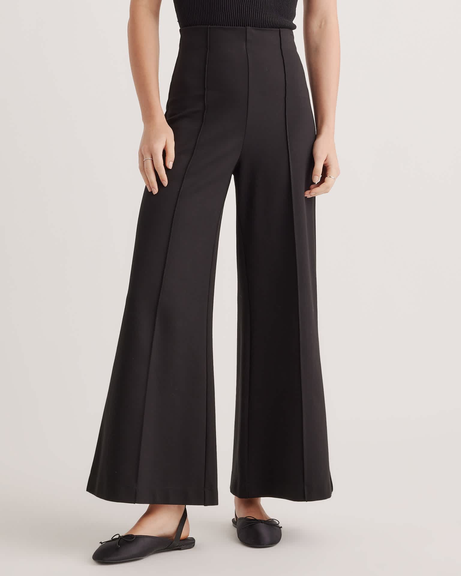 black Ultra-Stretch Ponte Super Wide Leg Ankle Pants