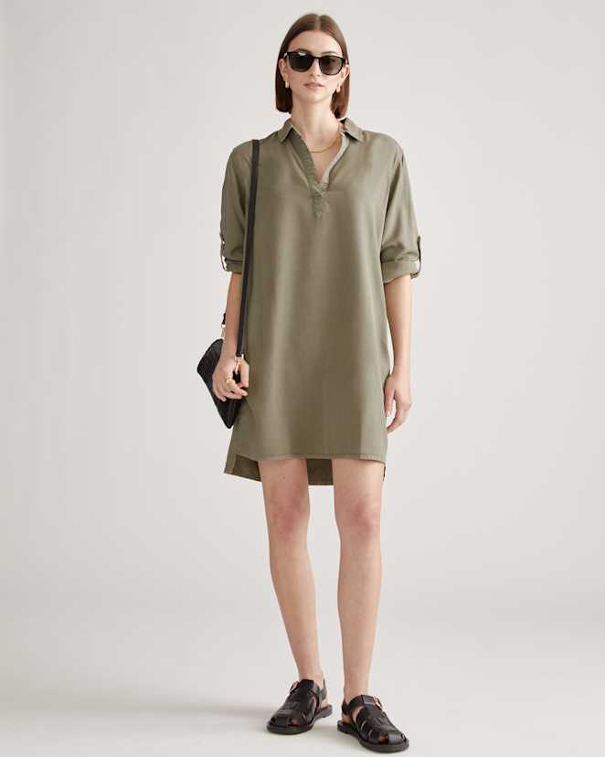 Olive Vintage Wash Tencel Roll Sleeve Tunic Dress