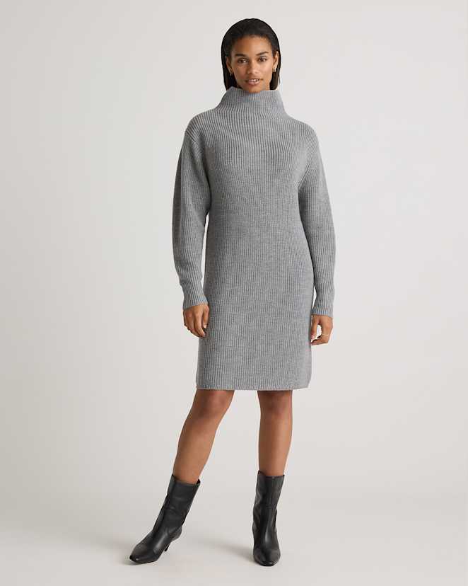 Heather Grey Australian Merino Wool Relaxed Turtleneck Sweater Dress