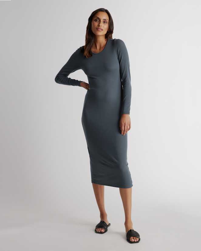 Dark Olive Tencel Rib Knit Long Sleeve Dress