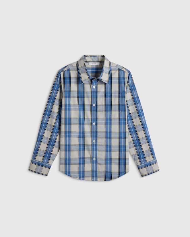 Blue Multi Plaid 100% Cotton Poplin Printed Long Sleeve Button Down