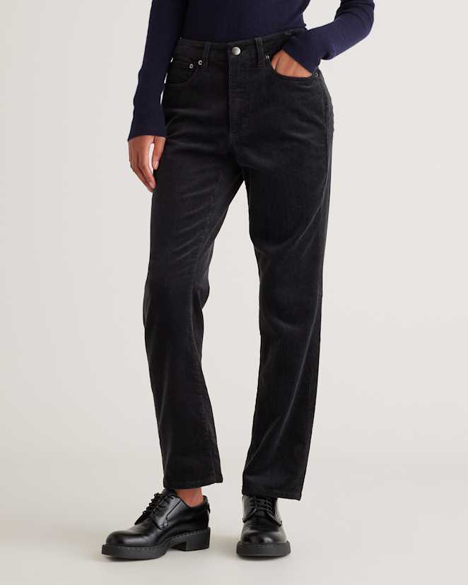 Black Organic Stretch Corduroy Straight Leg Pants