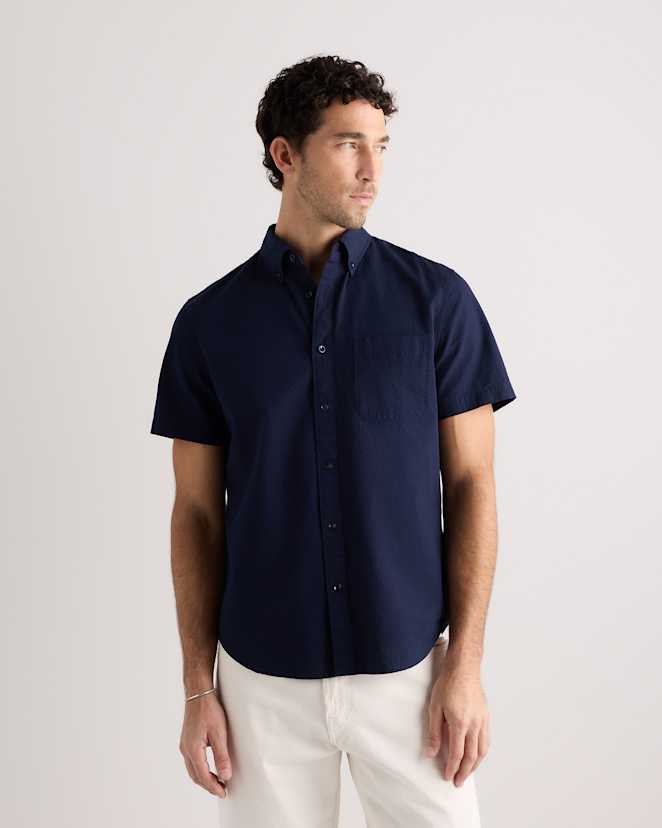 Navy 100% Organic Cotton Seersucker Short Sleeve Shirt
