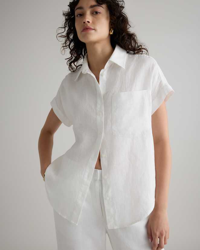 White 100% European Linen Camp Shirt