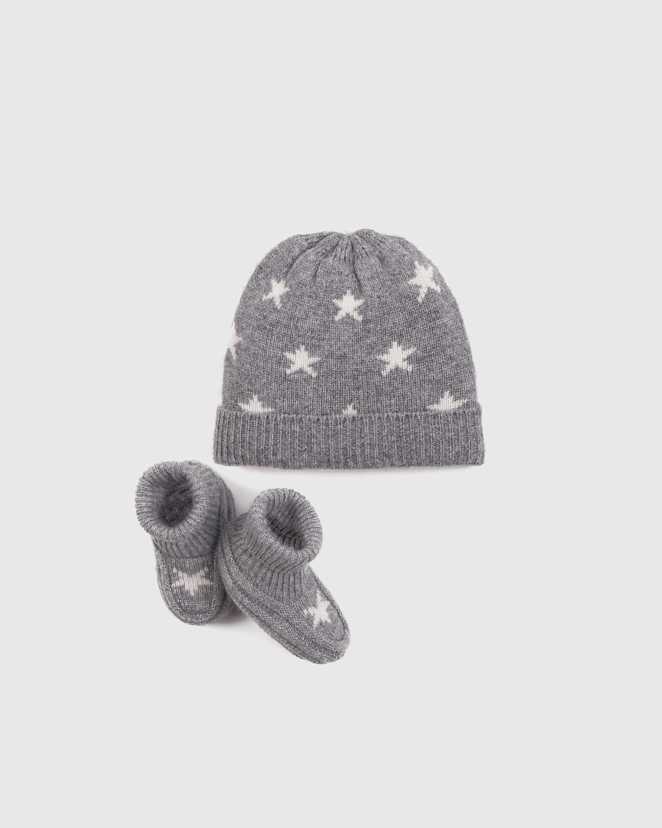 Heather Grey Washable Cashmere Beanie & Bootie Set