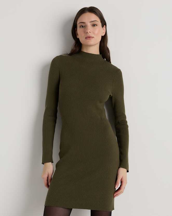 Olive Cotton Cashmere Mock Neck Mini Dress